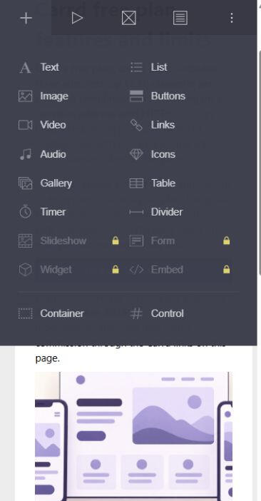 The Carrd Basic Add menu showing free page elements and locked paid features.
